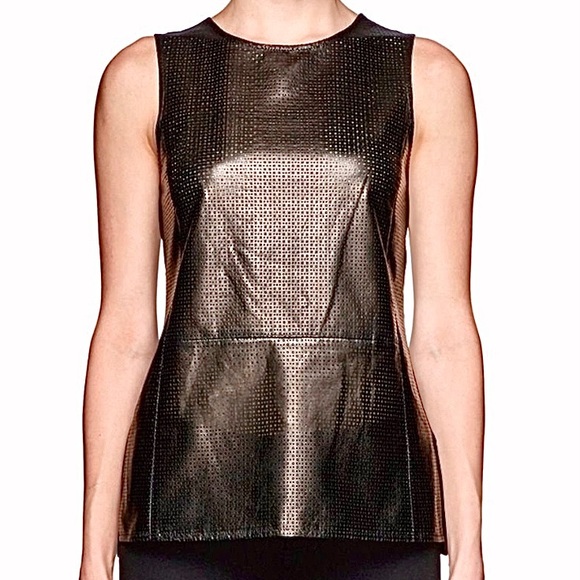NWOT Vince Genuine Lambskin Leather Mesh /Sheer Silk Peplum Hem Top… - Picture 3 of 12